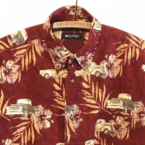 Puritan Hawaiian Shirt Red Old Pickup Trucks Large Short Sleeve Button Up Cotton - Picture 3 of 9